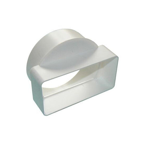 A white round to rectangular short adaptor for ventilation systems.